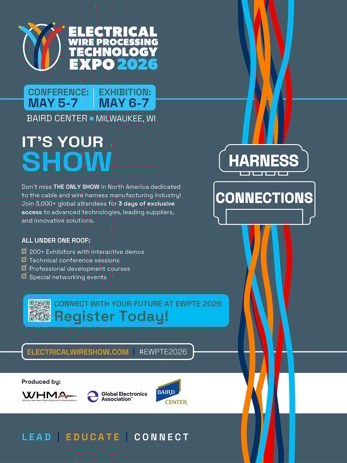 EWPTE 2026 expo poster: May 5-7, Milwaukee, WI. Cable & wire harness industry. Register!