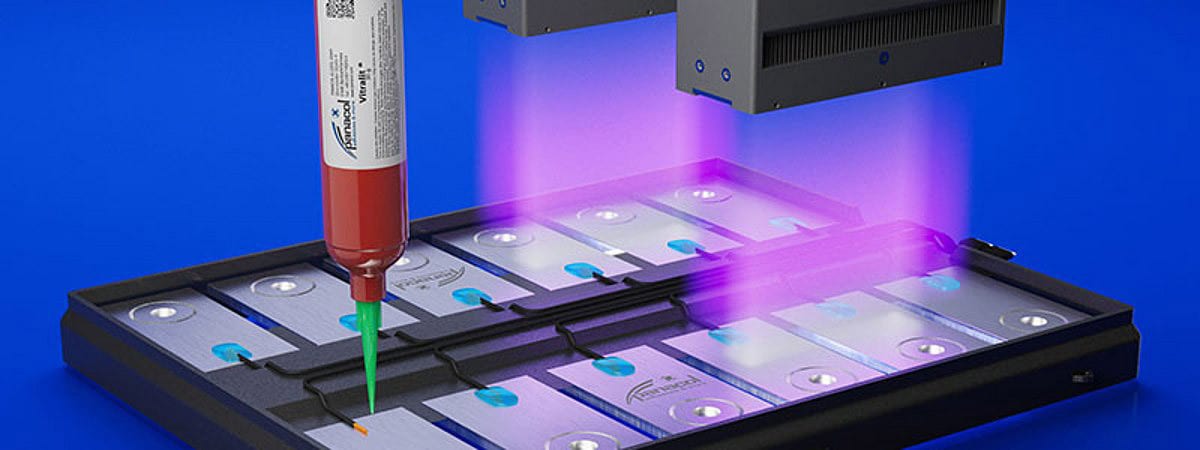 Adhesive applied to electronic components or battery cells, followed by UV light curing.
