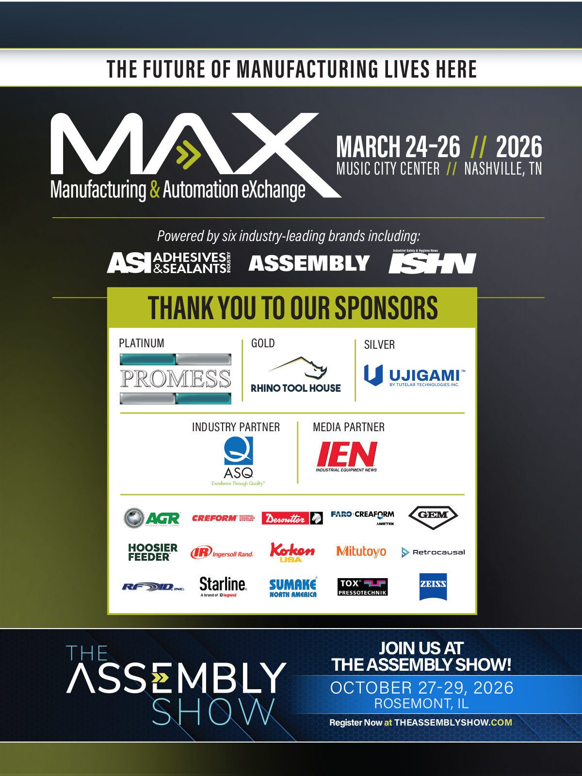 Ad for MAX Manufacturing & Automation eXchange (March 2026, Nashville) & The Assembly Show (Oct 2026, Rosemont).
