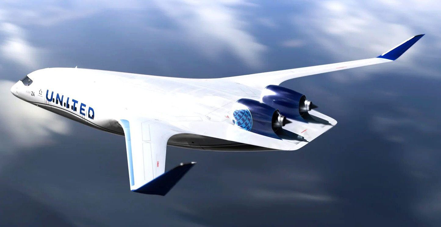 Futuristic United Airlines blended-wing jet with rear engines flying in a cloudy sky.