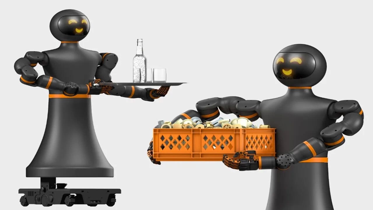 Two black and orange service robots, one carrying a tray with drinks, the other a crate of goods, both with smiling faces.