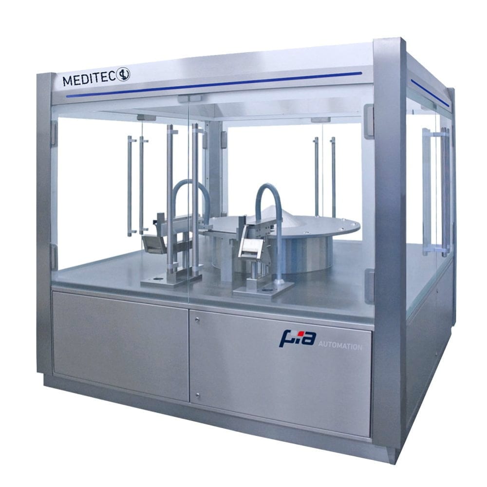 Modern MEDITEC FIA automation machine with clear enclosure, internal rotating platform, and robotic elements.