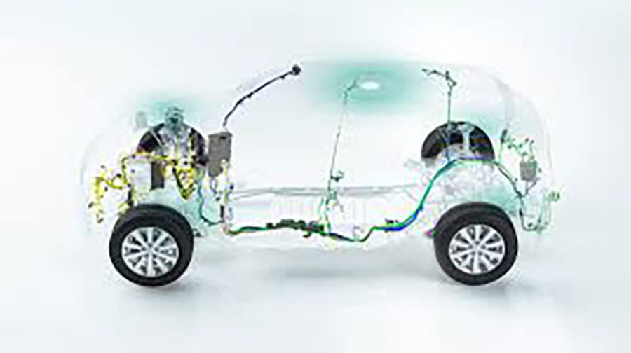 Transparent car showing internal wiring and components.