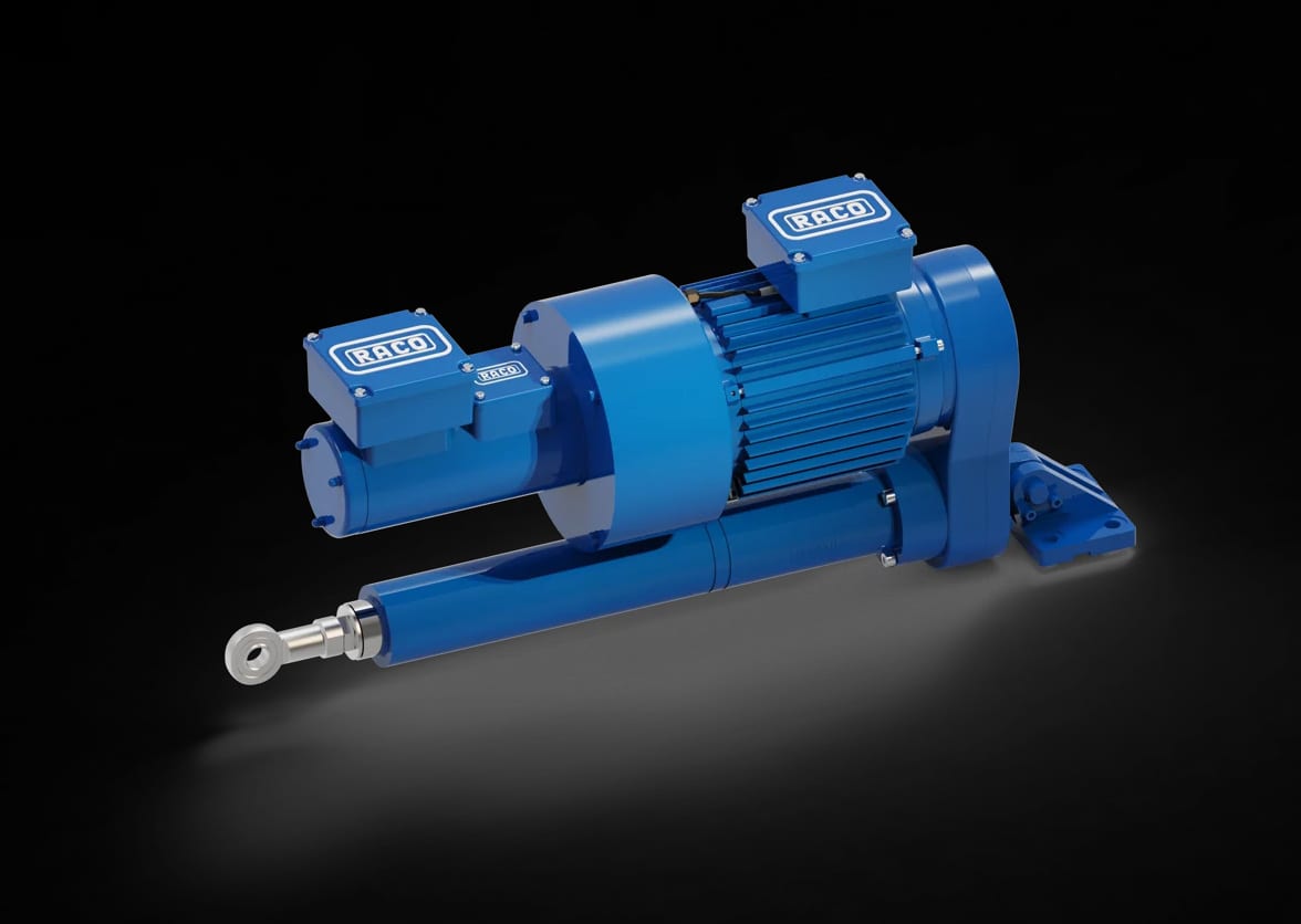A blue RACO electric linear actuator with a motor and an extending rod, set against a black background.