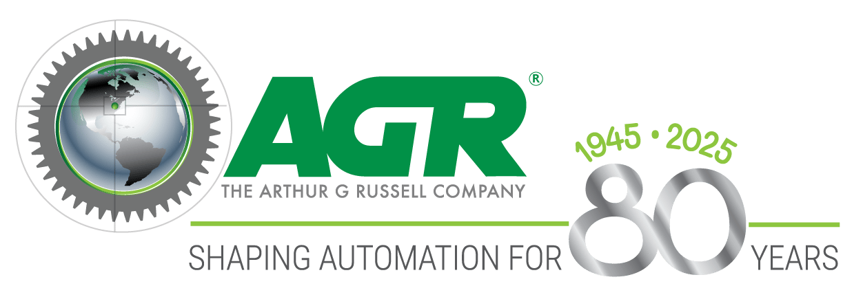 AGR The Arthur G Russell Company 80th Anniversary (1945-2025) logo, with globe and gears.
