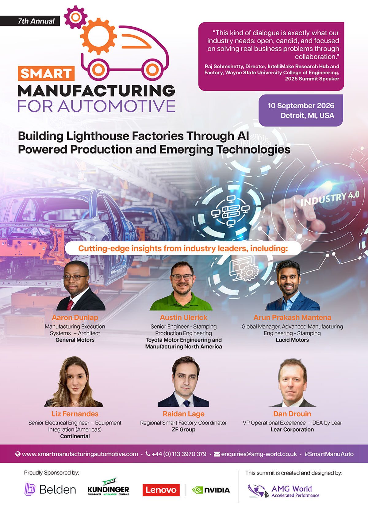 Flyer for the 7th Annual Smart Manufacturing for Automotive summit in Detroit, featuring speakers and themes on AI and emerging technologies in factories.