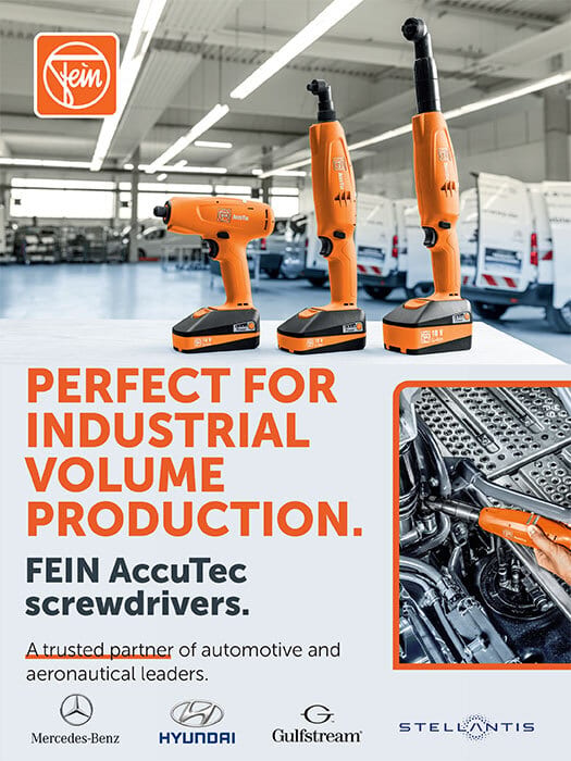 FEIN AccuTec industrial screwdrivers in a factory, with partner logos including Mercedes-Benz.