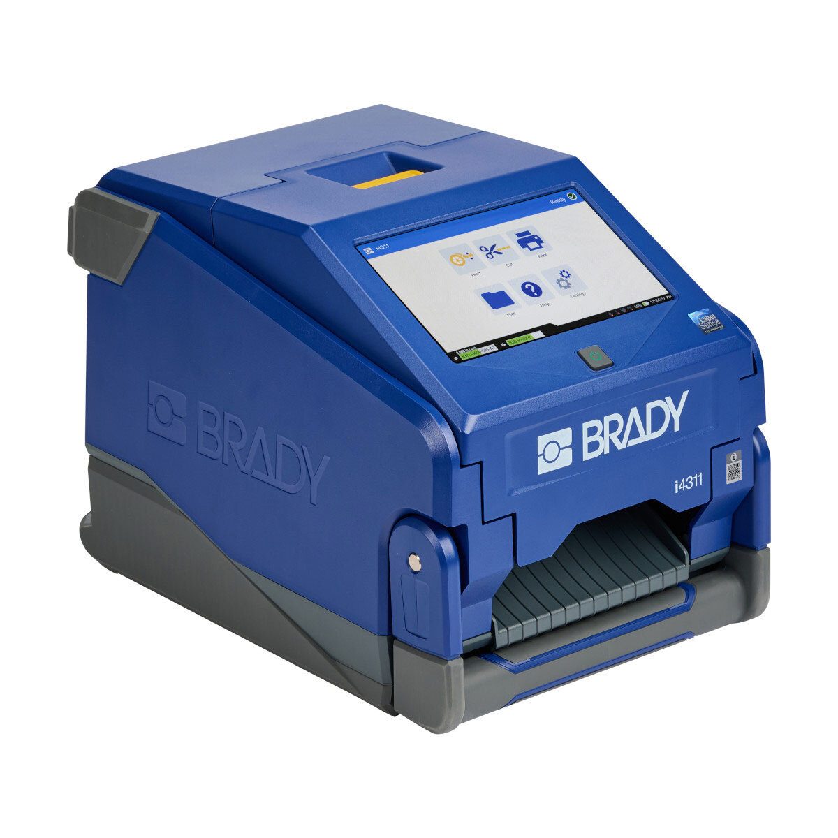A blue and grey Brady i4311 industrial label printer with a touchscreen display.