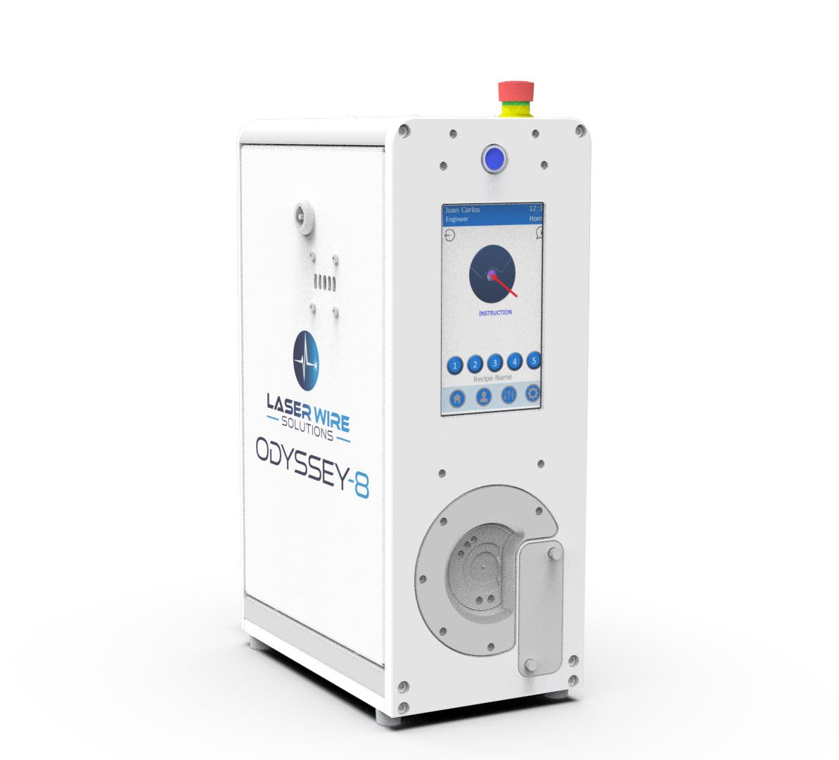 A white Laser Wire Solutions Odyssey-8 device with an interactive screen, logo, and mechanical components.