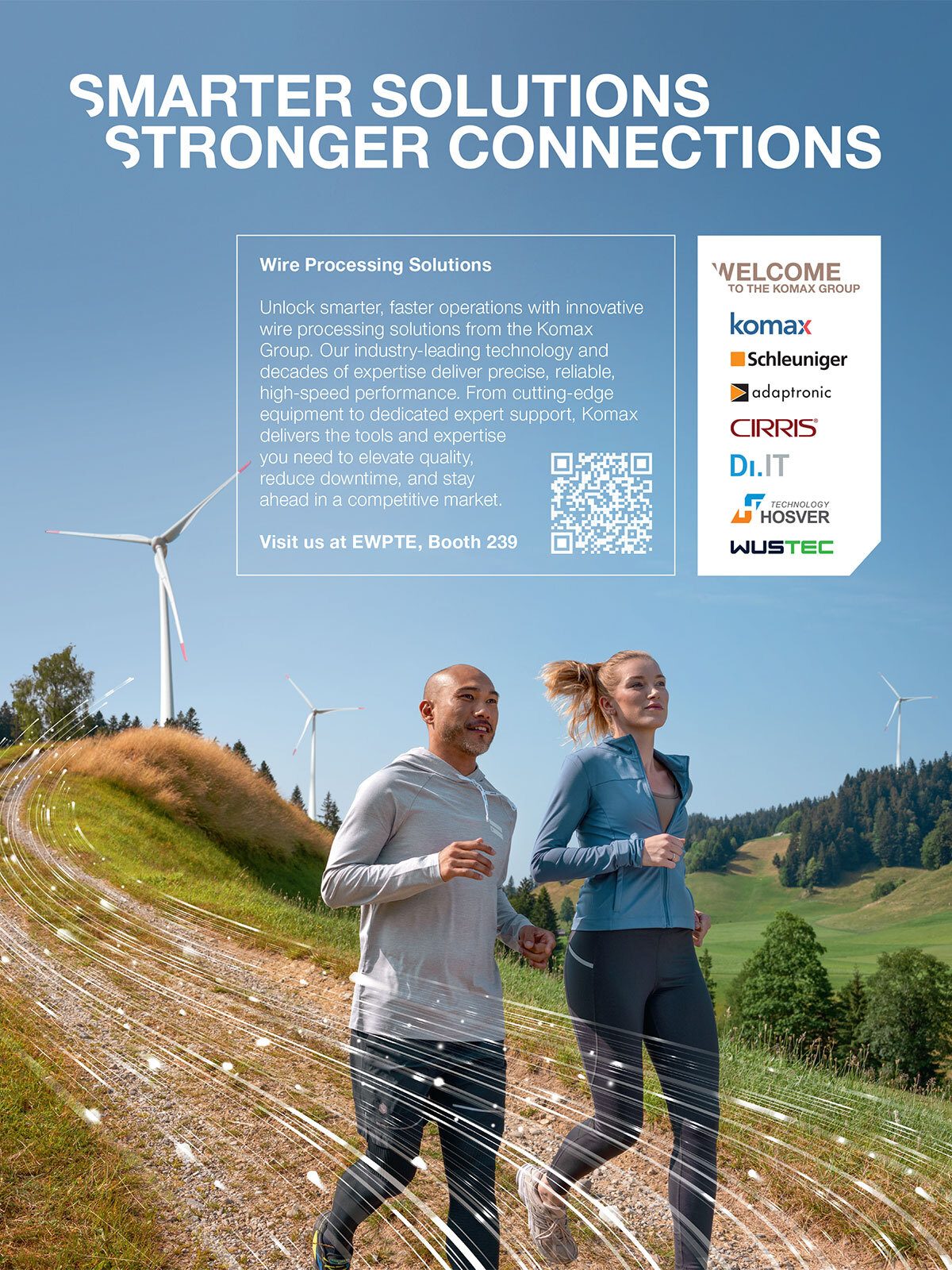 Komax Group ad: 'Smarter Solutions, Stronger Connections' for wire processing, featuring runners and EWPTE event.