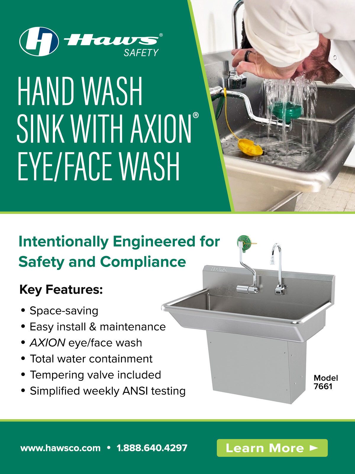 Haws Hand Wash Sink with AXION Eye/Face Wash, with person demonstrating its use.