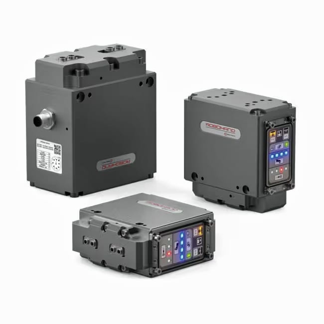 Three gray industrial Robohand modules, two upright and one flat, showing display interfaces.