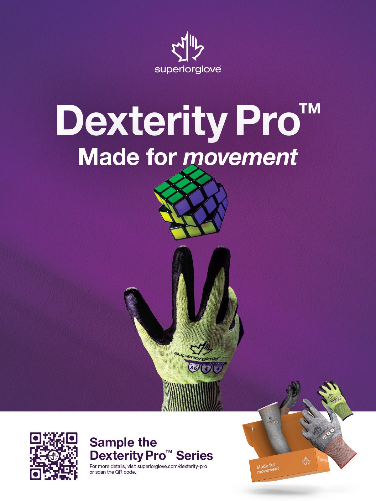 SuperiorGlove Dexterity Pro gloves with a Rubik's cube, promoting flexibility and precise movement.