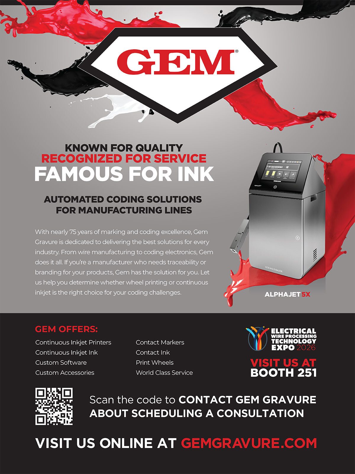 GEM Gravure ad for automated coding solutions, featuring an ALPHAJET 5X printer, offers, and expo details.