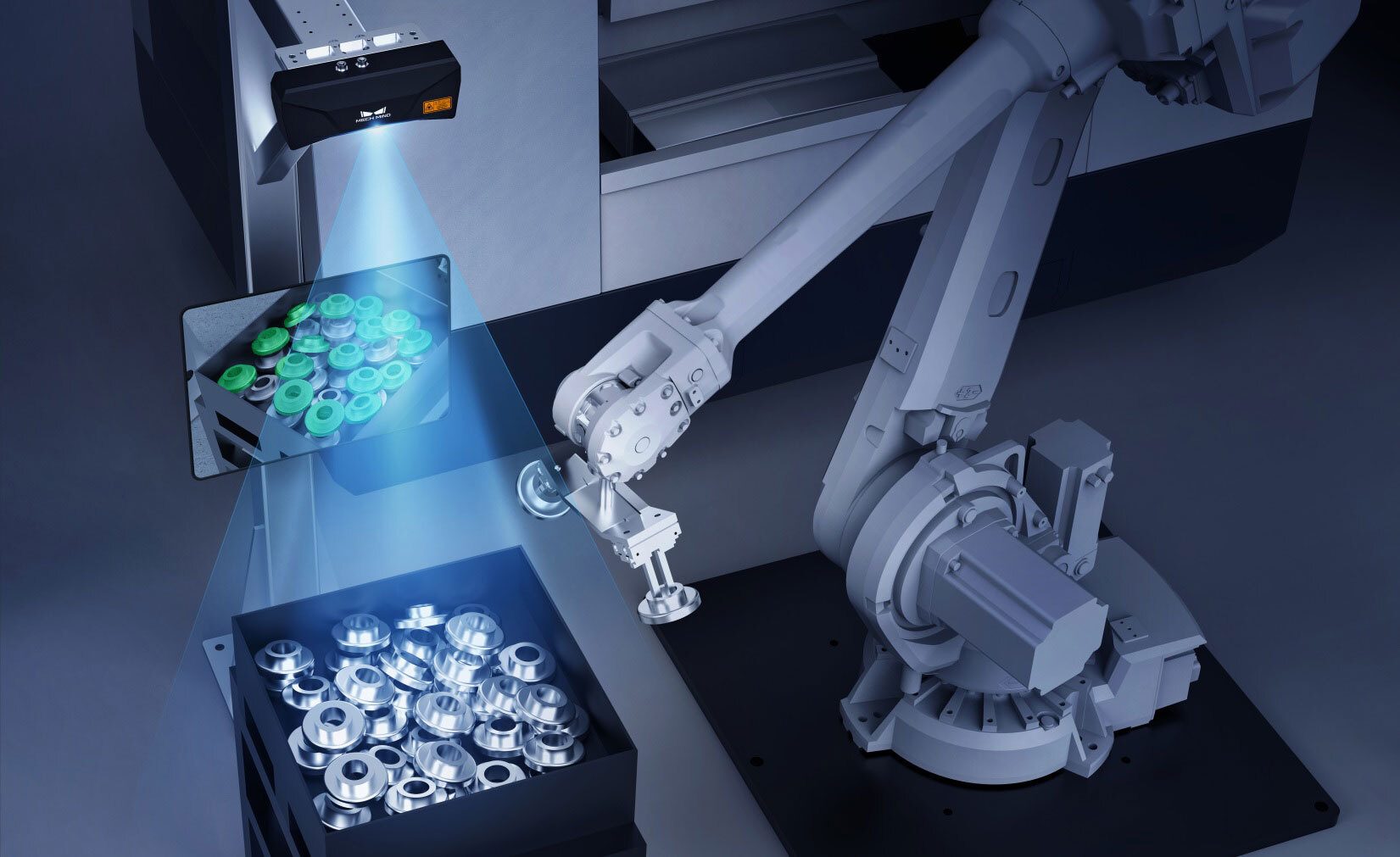 Automated robot arm uses an overhead vision sensor to pick parts from bins.