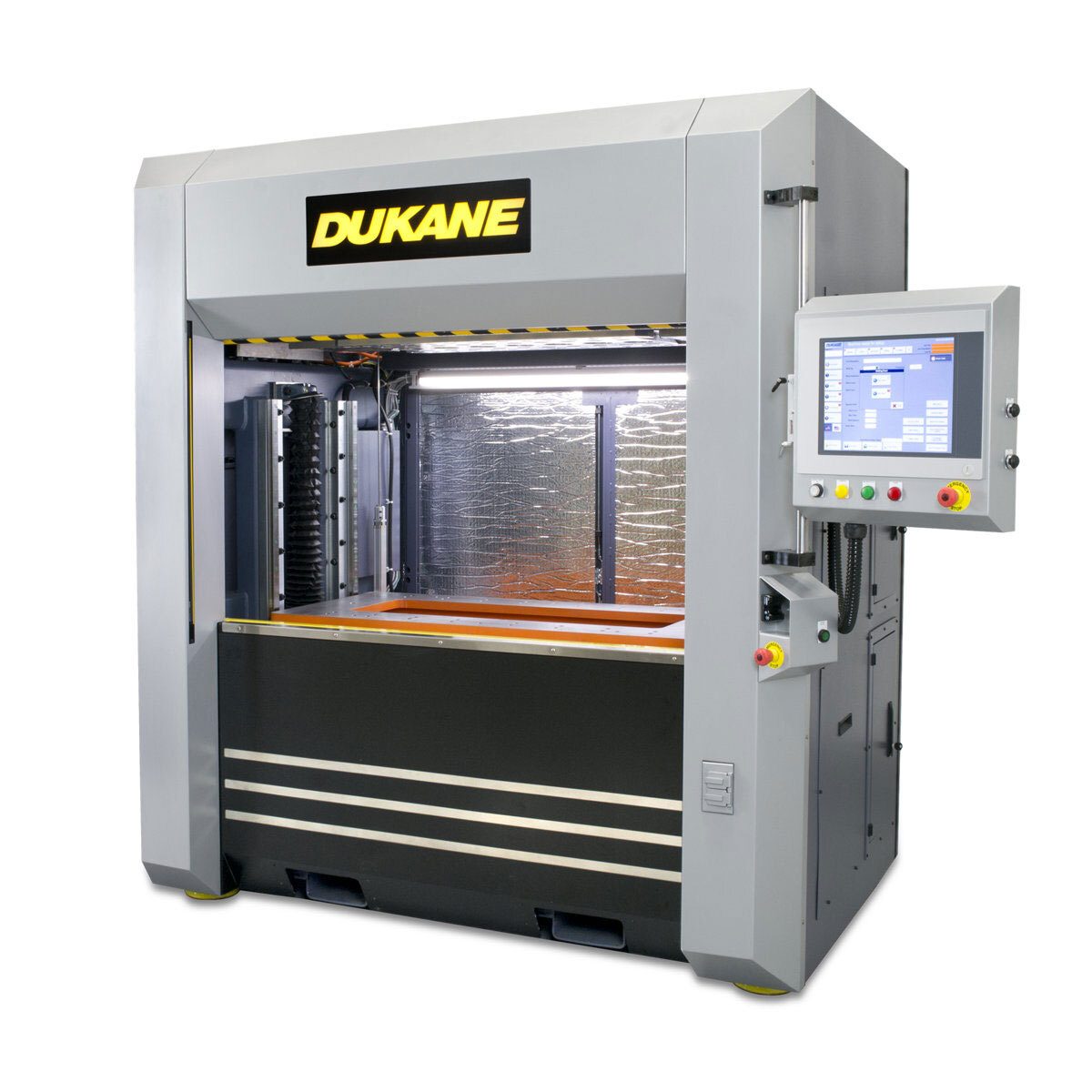 Gray and black Dukane industrial machine with a digital control panel, on a white background.