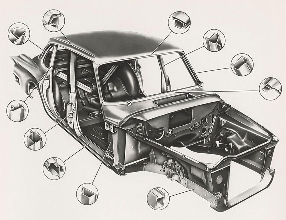 Detailed car body shell with magnified structural cross-sections.