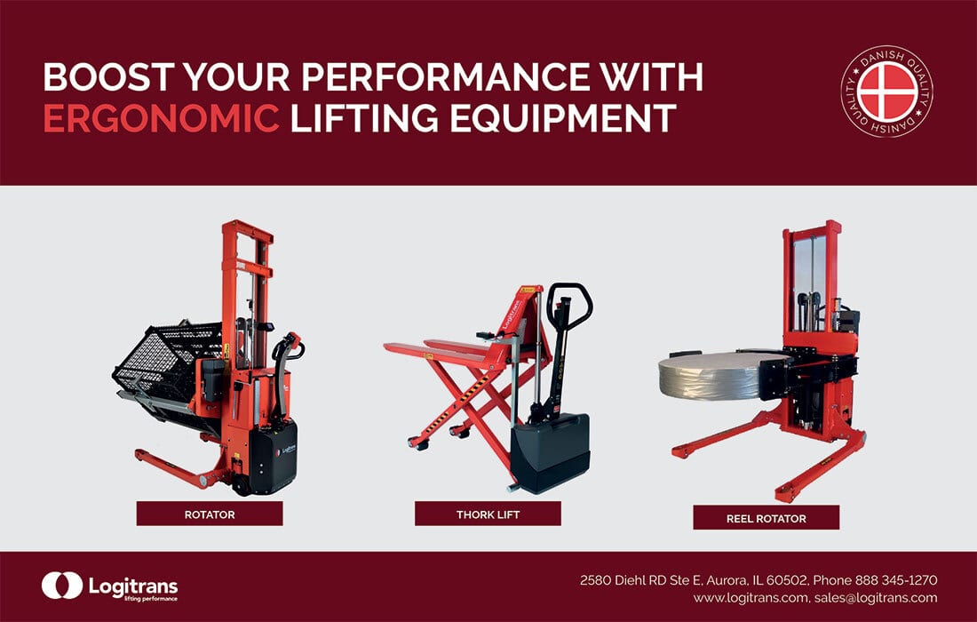 Logitrans ergonomic lifting equipment, including rotator, thork lift, and reel rotator, to boost performance.