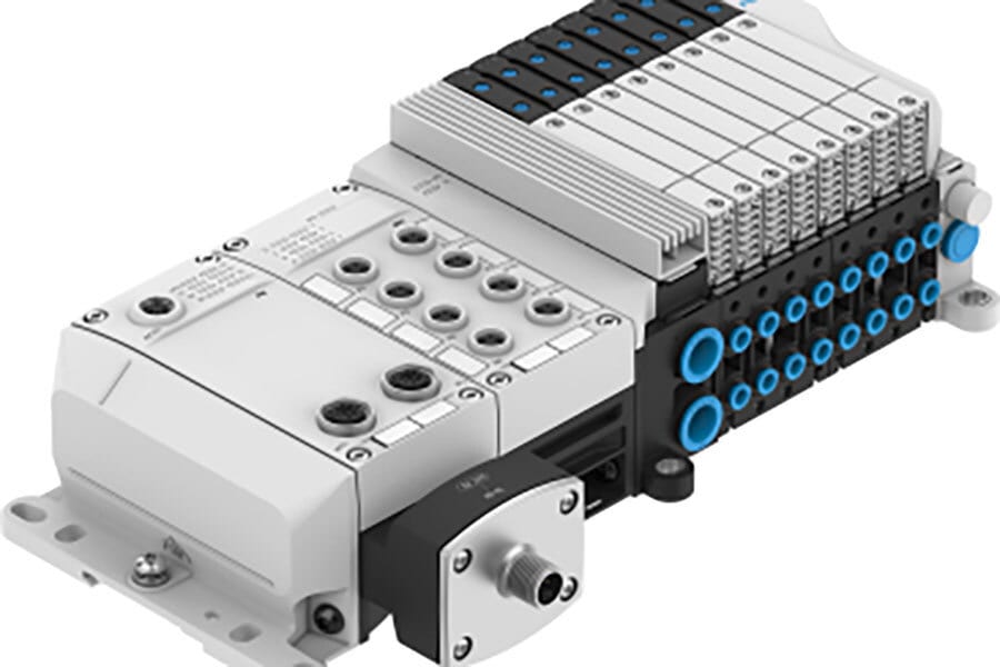 A white and black industrial modular pneumatic manifold with blue ports and electrical connectors.