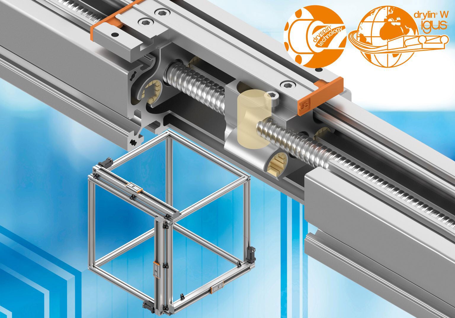 Cutaway linear guide with lead screw and nut, a cubic frame, and igus dryspin technology logos.