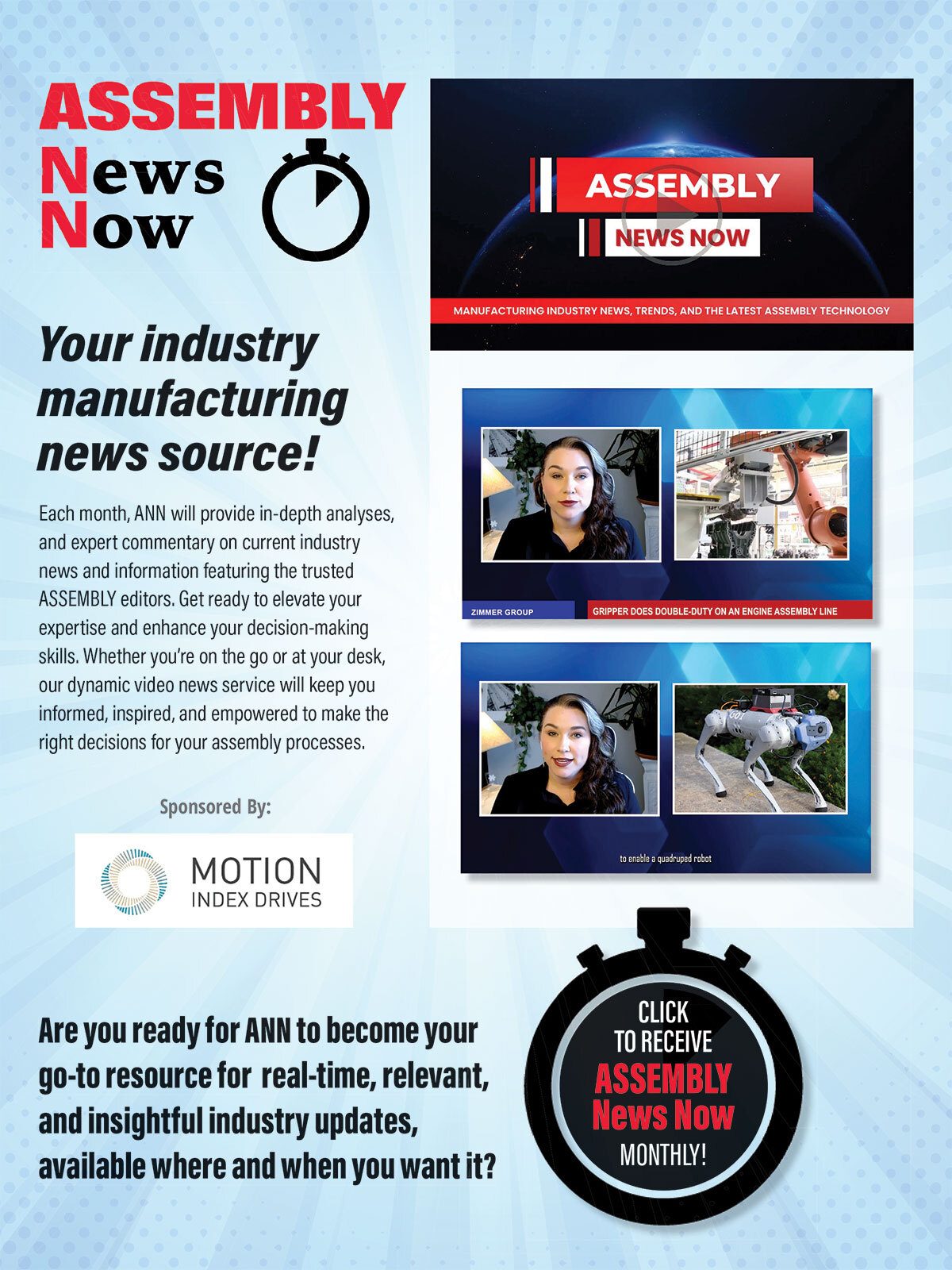 Ad for "ASSEMBLY News Now," a monthly video service for manufacturing industry updates.