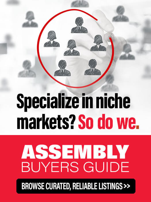 Hand drawing red circle around user icons, promoting niche market specialization and Assembly Buyers Guide.