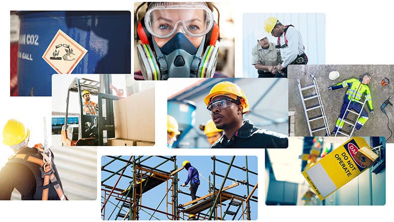 Workplace safety collage: PPE, chemical hazards, forklifts, scaffolding, and accidents.
