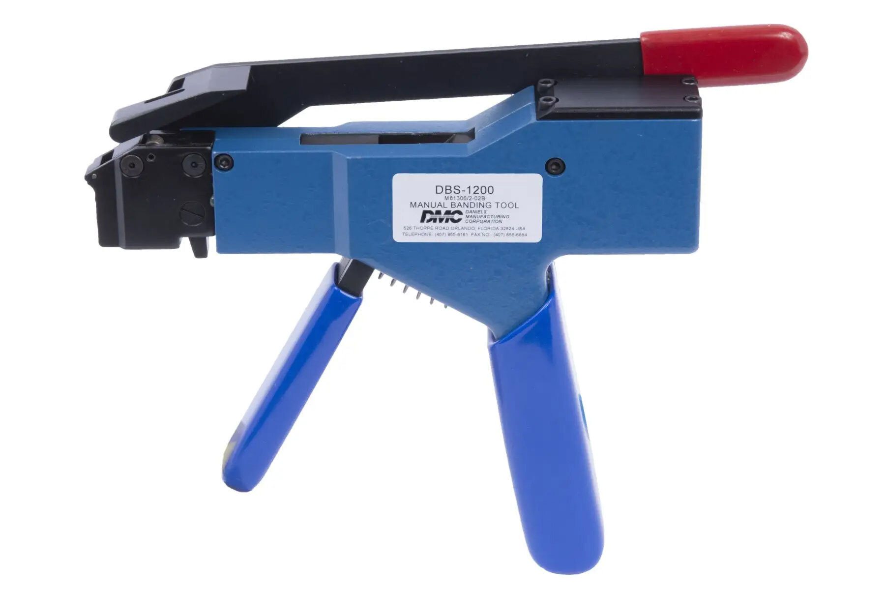 Blue and black manual banding tool, model DBS-1200, with a red handle, on a white background.