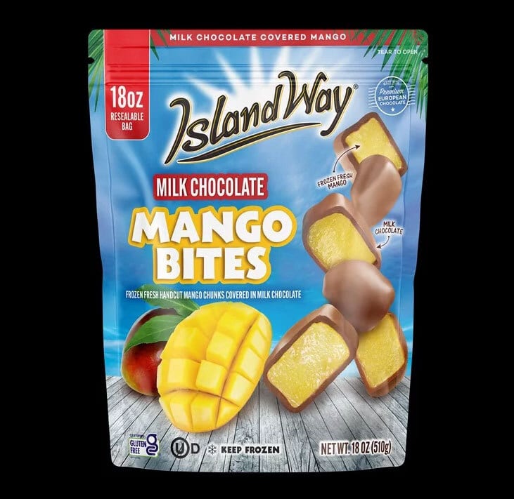 A resealable bag of Island Way Milk Chocolate Mango Bites, featuring frozen mango chunks covered in milk chocolate.