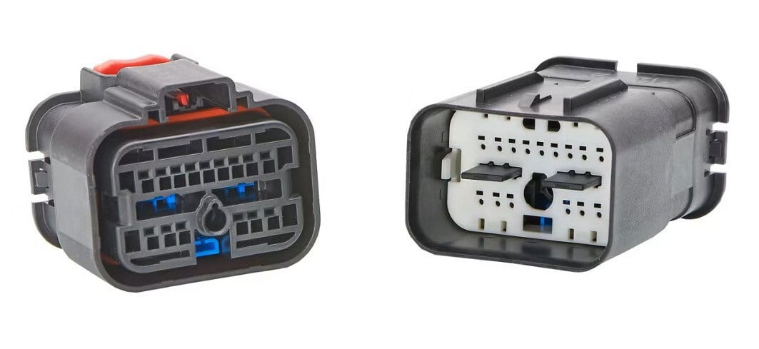 Two black multi-pin electrical connector halves (male & female) with colored locking mechanisms.