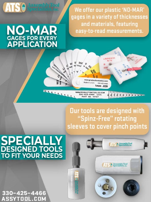 ATS ad featuring "NO-MAR" gages and "Spinz-Free" specialty tools.