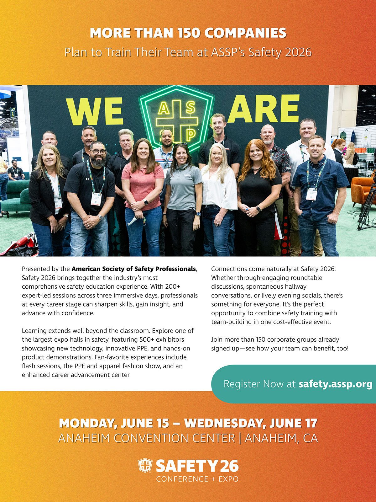 Diverse group of professionals at ASSP Safety 2026 conference, smiling for the camera.