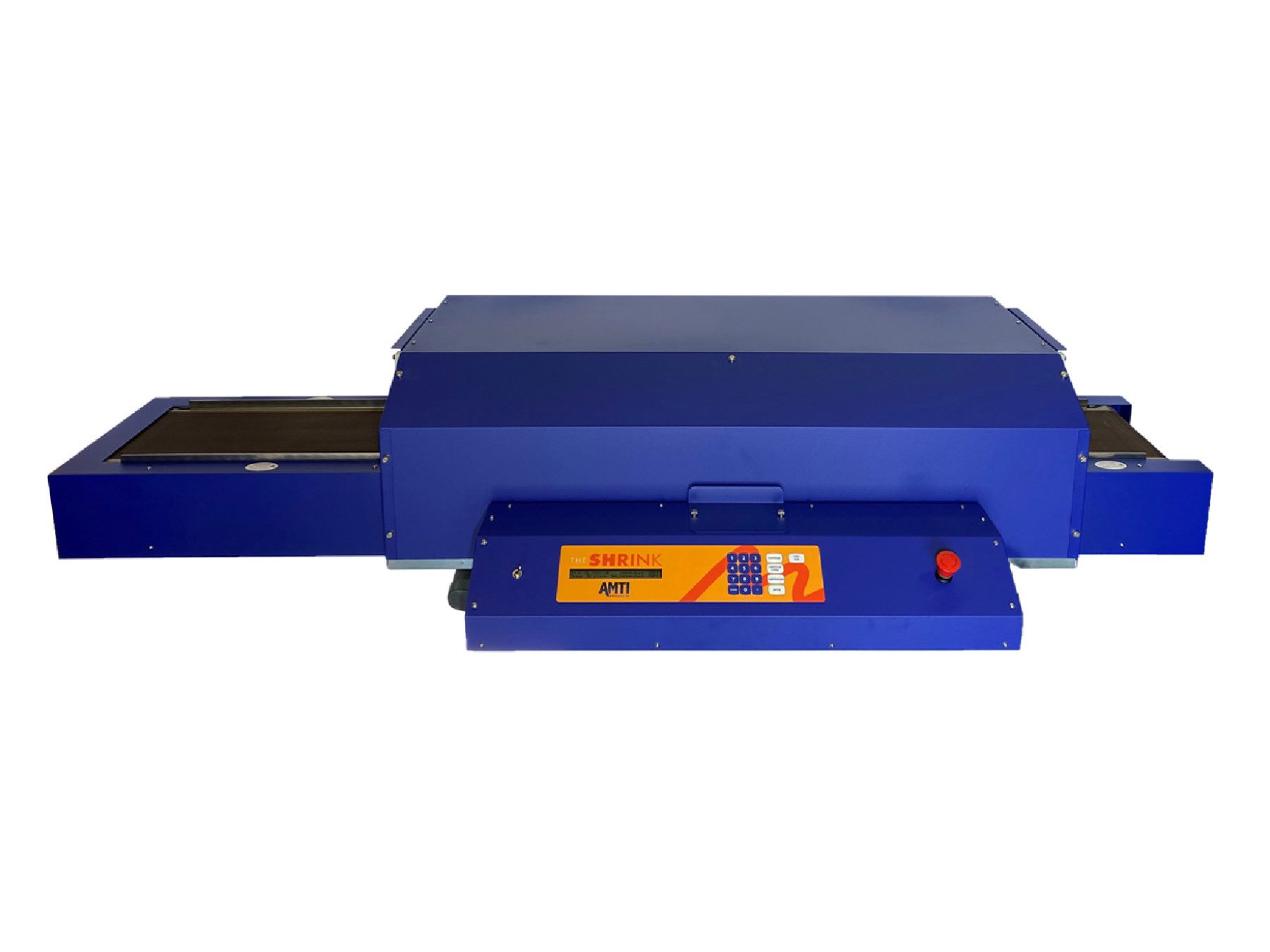 Blue industrial shrink wrap machine with conveyor belts and a control panel.