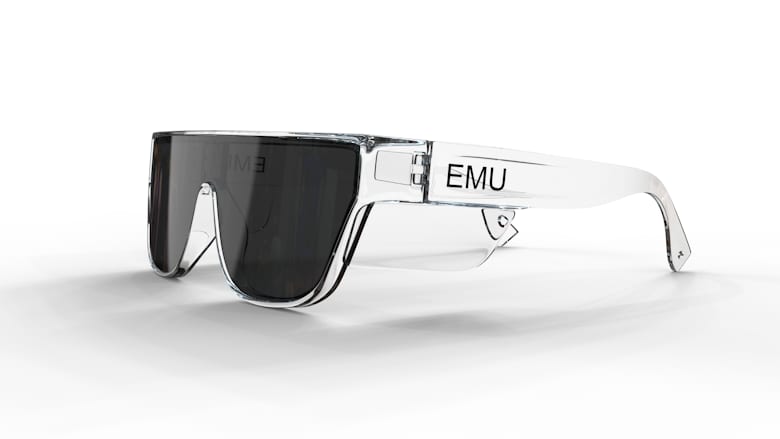 Clear AR glasses with dark lenses and 'EMU' branding, angled view.