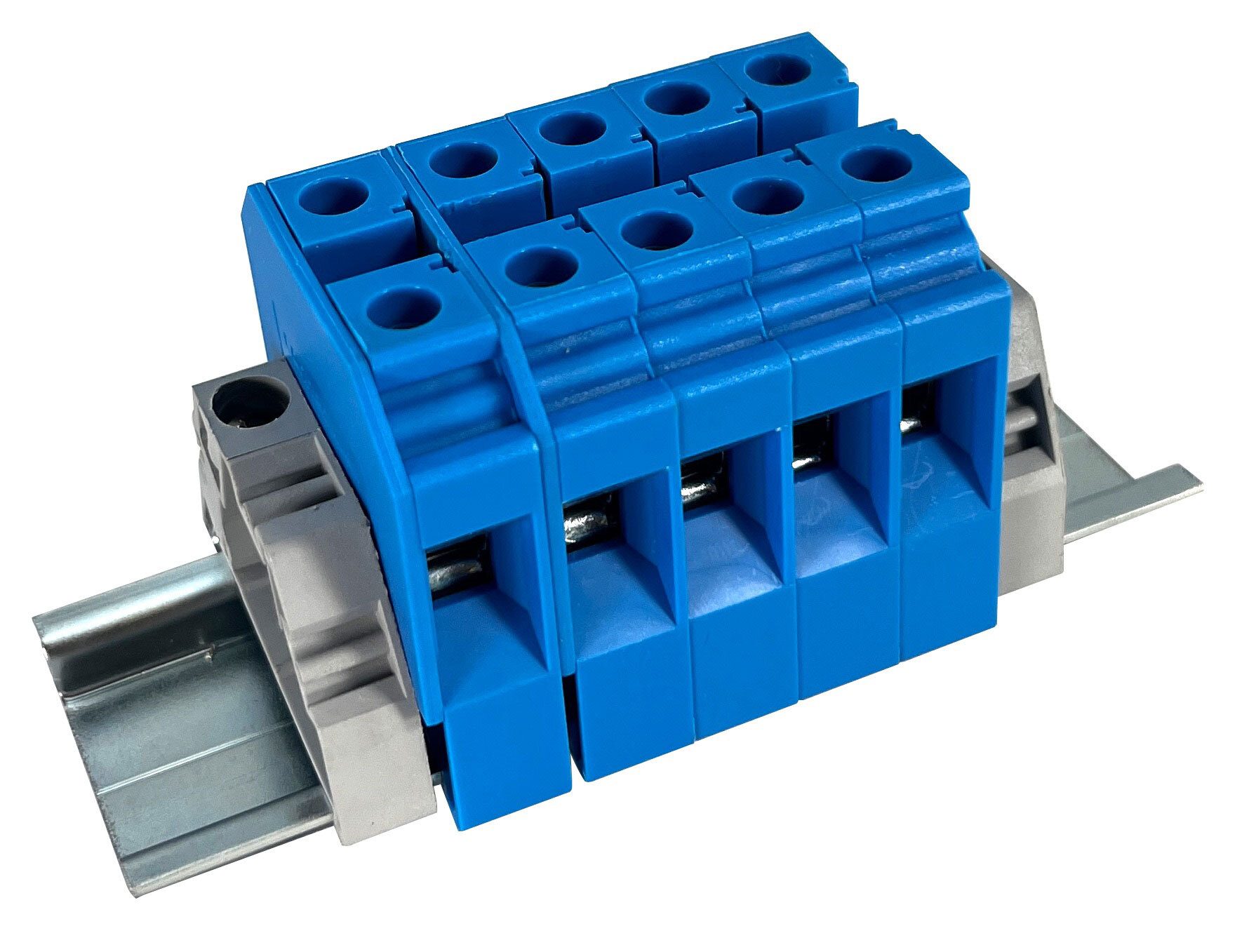 Blue electrical terminal block on DIN rail