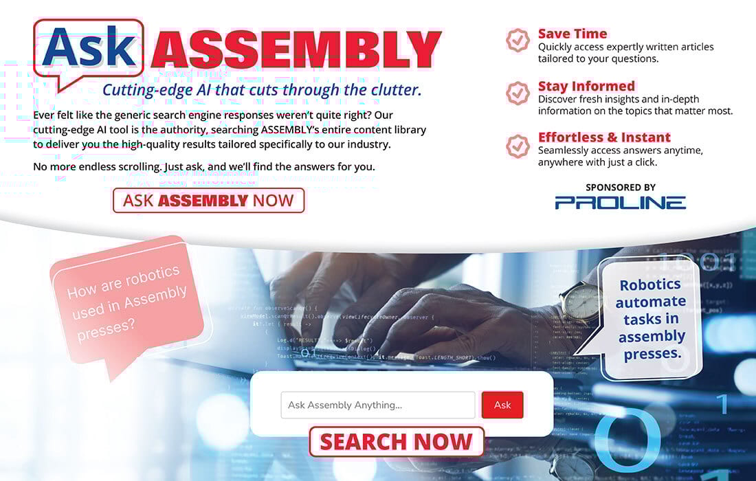 Ad for "Ask ASSEMBLY" AI search tool, highlighting benefits and demonstrating a search.