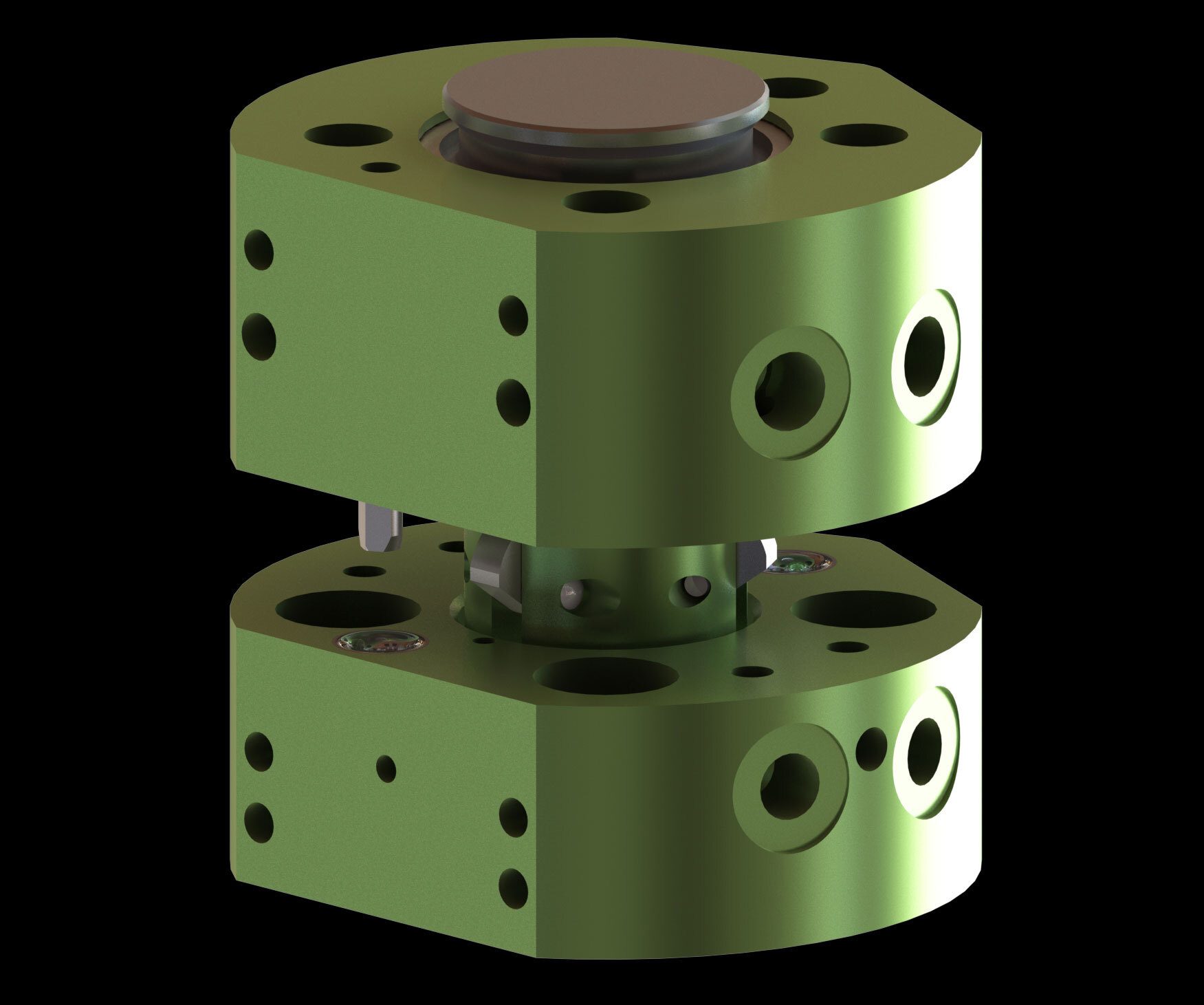 Green mechanical component with octagonal blocks and various ports, stacked vertically.