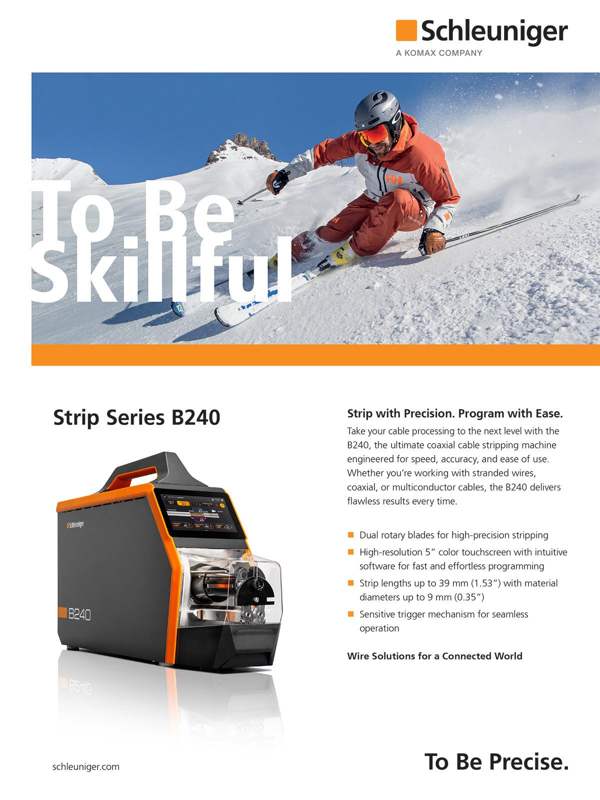 Schleuniger ad for the B240 cable stripping machine, featuring a skier on a snowy mountain.