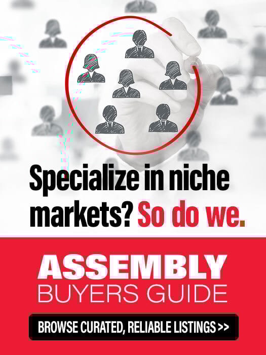 Hand circles niche market of people icons. Text: "Specialize in niche markets? So do we. ASSEMBLY BUYERS GUIDE."