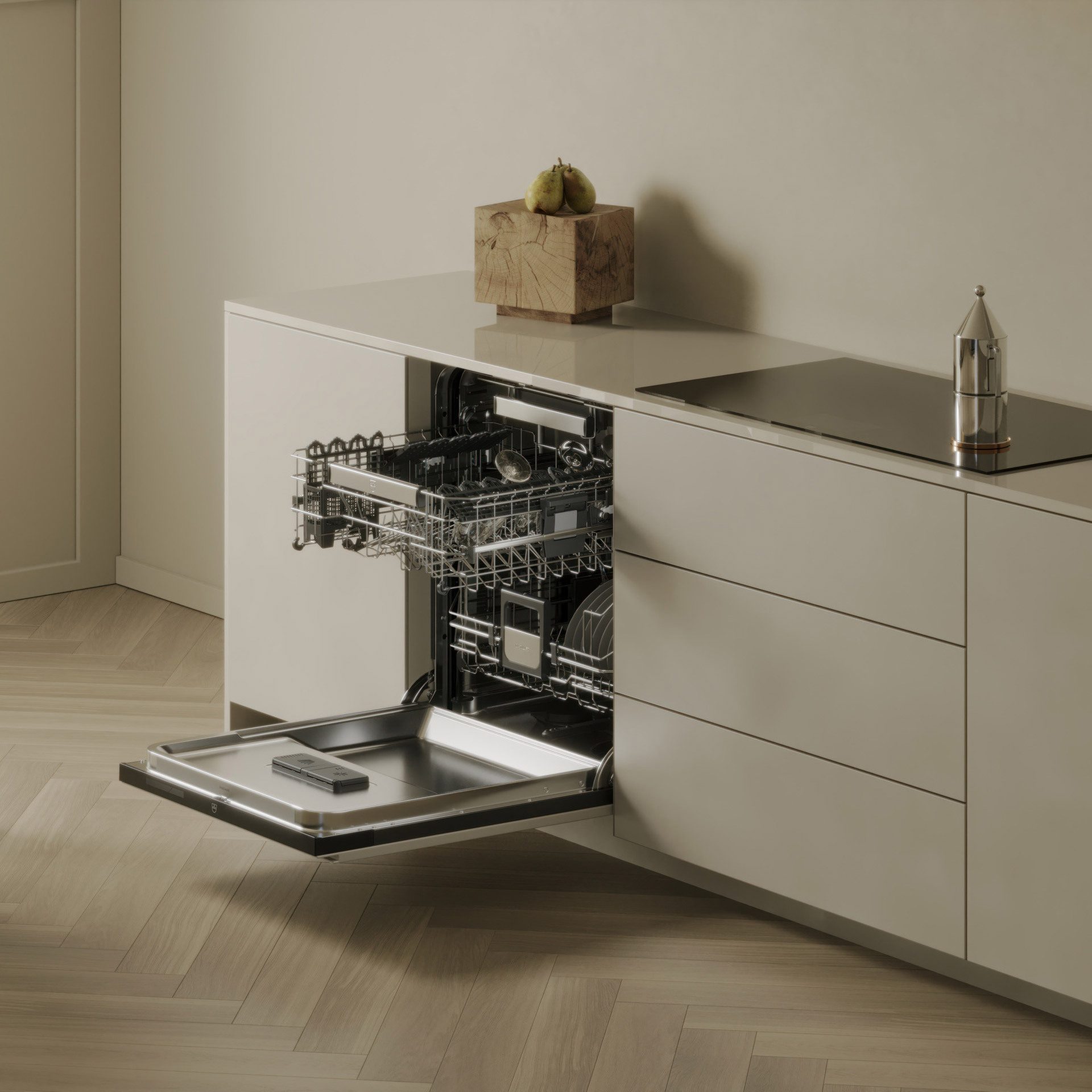 A modern kitchen with an open dishwasher, light-colored cabinets, wooden floor, and counter decor.