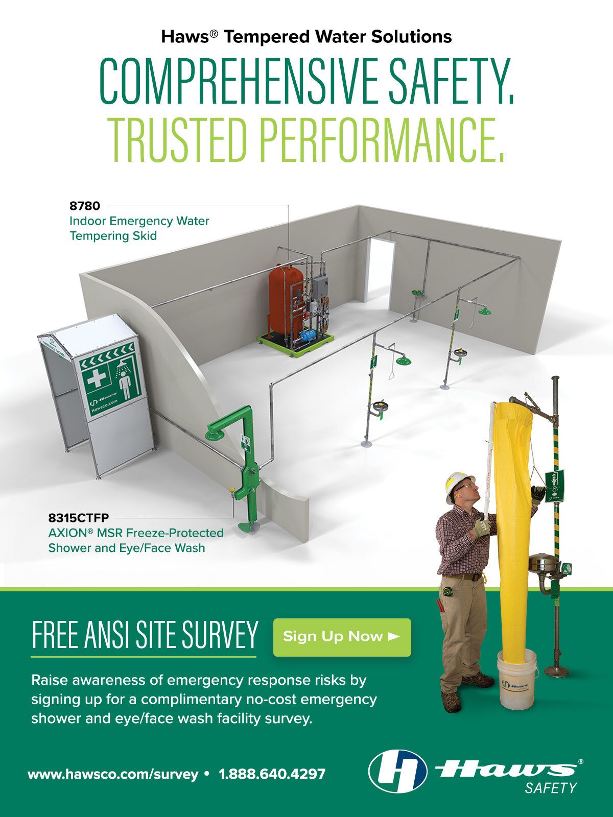 Haws tempered water safety solutions, including emergency showers, tempering skid, and a free ANSI site survey offer.