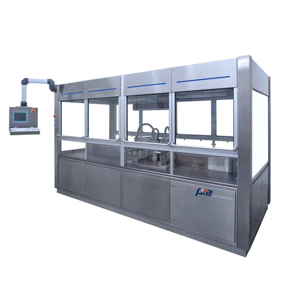 Automated industrial machine with control panel and clear enclosures.