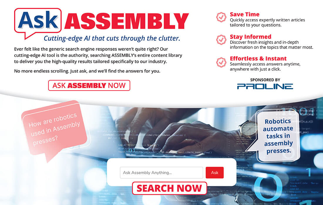An advertisement for "Ask ASSEMBLY," an AI search tool providing tailored industrial content, highlighting speed and relevance.