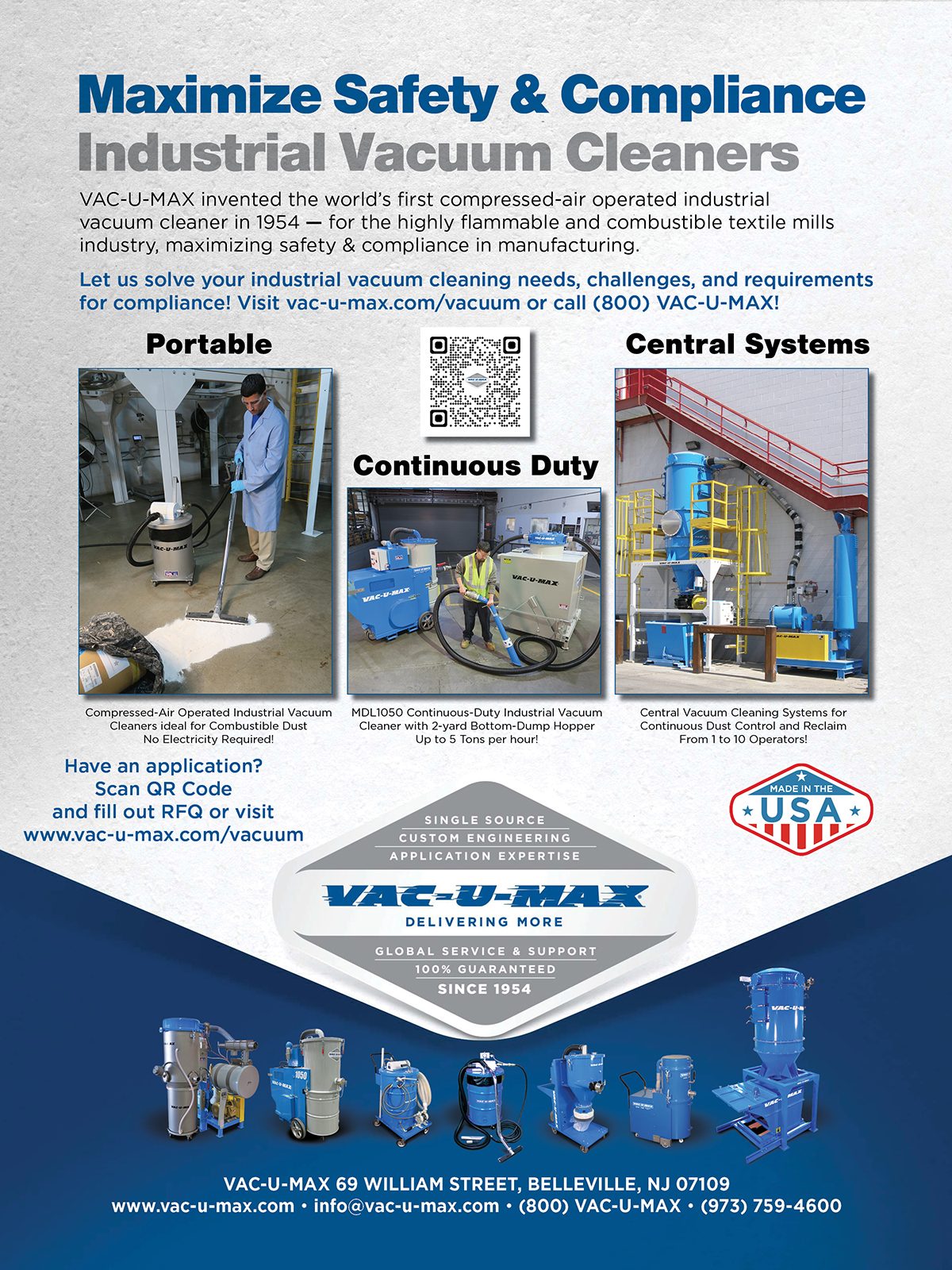 Advertisement for VAC-U-MAX Industrial Vacuum Cleaners: portable, continuous, and central systems.
