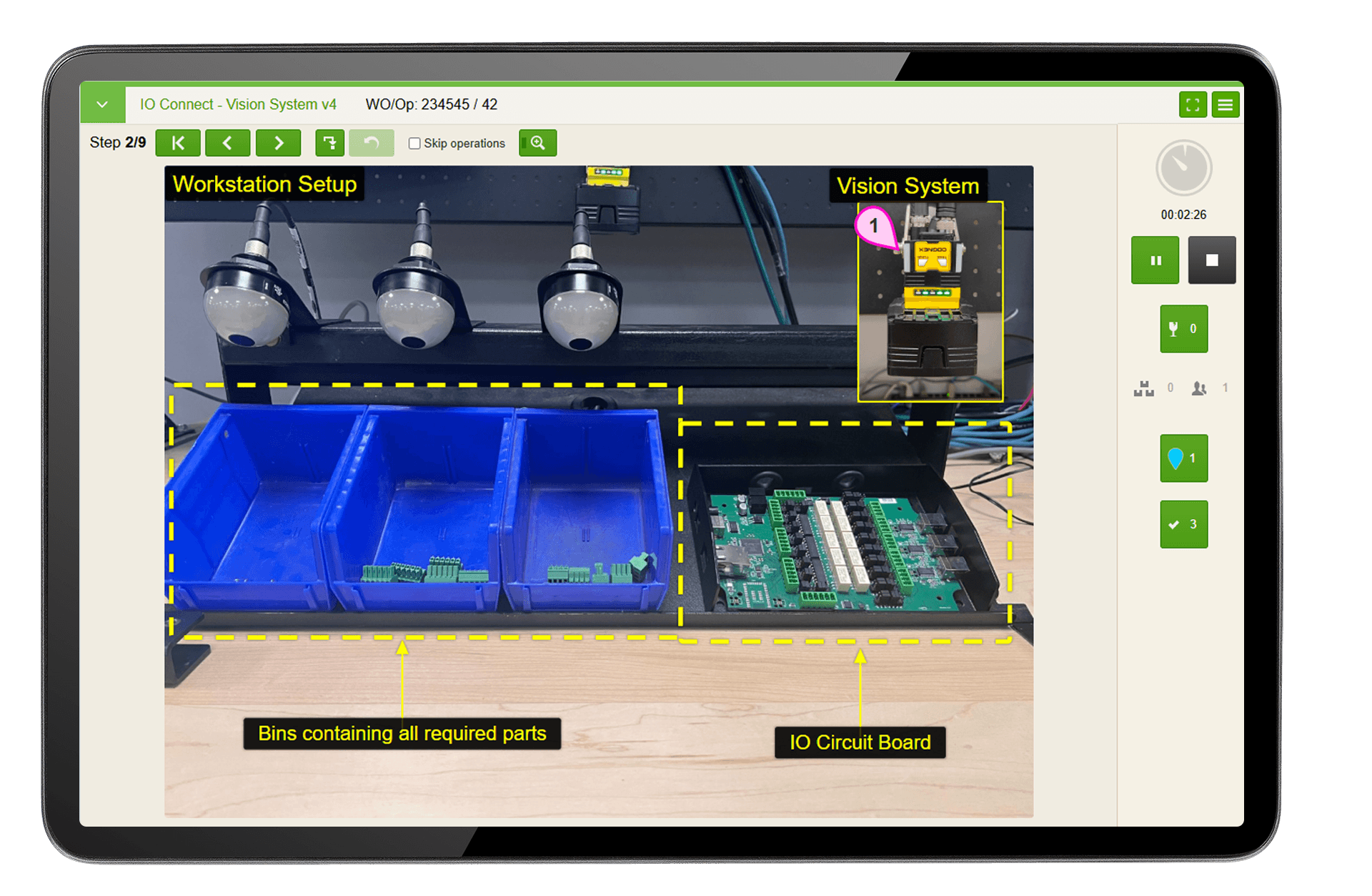 Tablet showing work instructions for a workstation setup with bins, circuit board, and vision system.