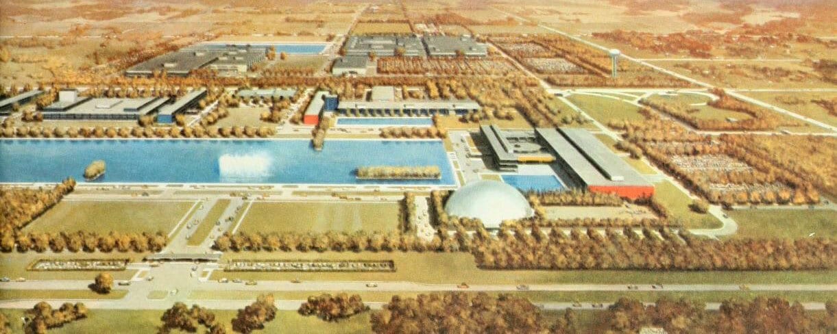 Aerial illustration of a sprawling modern industrial campus with large buildings, water features, and extensive landscaping.