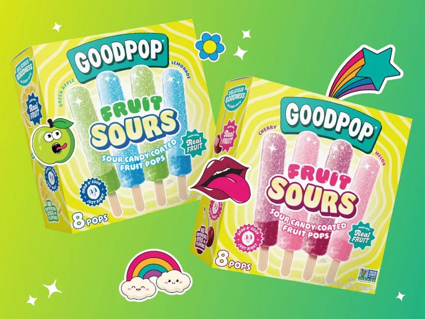 Two boxes of GoodPop Fruit Sours, one green apple/lemonade and one cherry/melon, sour candy coated fruit pops.