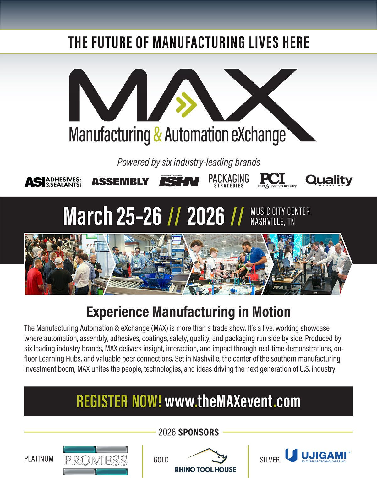 Advertisement for MAX Manufacturing & Automation eXchange, Nashville, March 25-26, 2026, event details & sponsors.