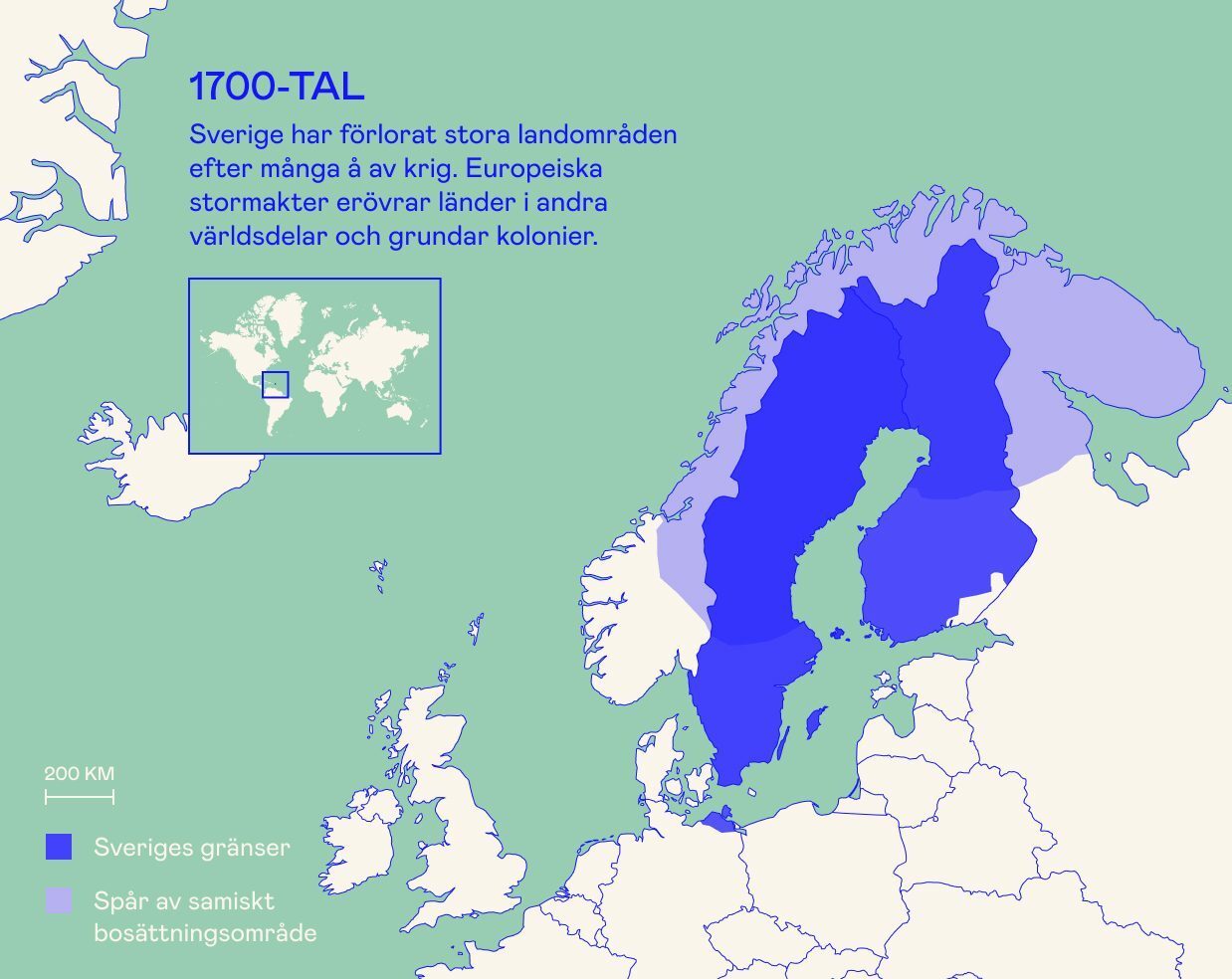 Map from 1700s: Sweden's historical borders, Sami settlement, & European colonialism.
