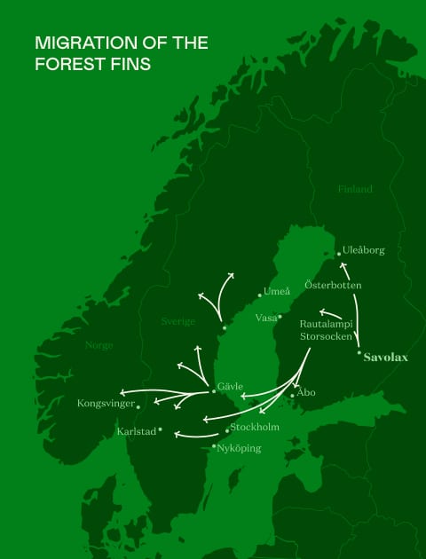 Map: Forest Fins migration from Finland across Sweden to Norway, showing key locations.